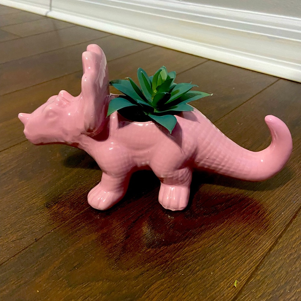 Pink Dinosaur Triceratops Ceramic Indoor Plant Pot with Faux Succulent Included